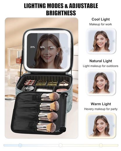 Relavel Travel Makeup Bag With LED Mirror for Women, Cosmetic Organizer Bag with Adjustable Brightness in 3 Color Scenarios, Detachable Dividers, Waterproof Train Case for Daily - Dark Blue FLowers