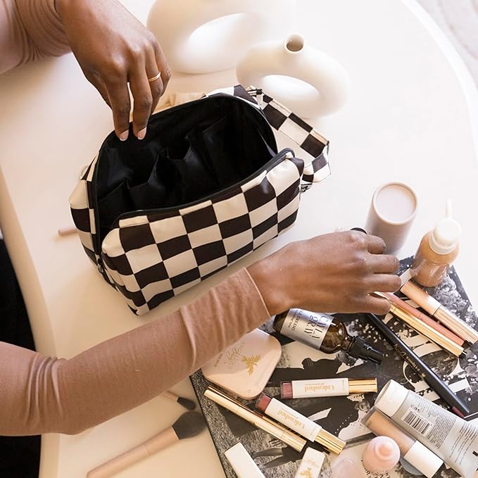 Tiny Twinkle Waterproof Travel Toiletry & Makeup Bag Organizer | Large Capacity Cosmetic Case with Compartments & Handle, A Thoughtful Travel Companion for Women（Black Checkers