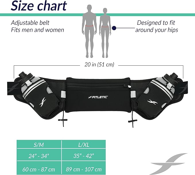 Fitletic Hydration Running Belt with Water Bottles for Men & Women – 2 Quick Flow 8oz Running Water Bottles, Patented Bounce Free Design, Water Resistant Pouch Fits All Phones – Hydra 16