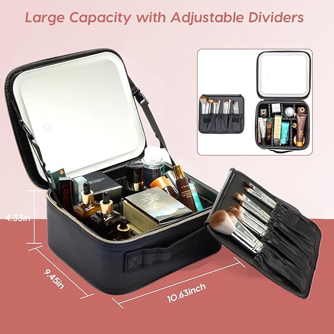 Travel Makeup Bag with LED Mirror – Waterproof Cosmetic Train Case with Adjustable Dividers, Portable Makeup Organizer and Toiletry Bag for Women, Pink Teens & Girls Gift