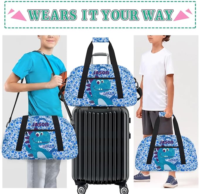 Personalized Duffel Bag for Kids Girls Boys, Dinosaur Custom Name Gym Bag Overnight with Padded Handles Carry On Weekend Sports Travel Bag for School Practice Gymnastics Ballet