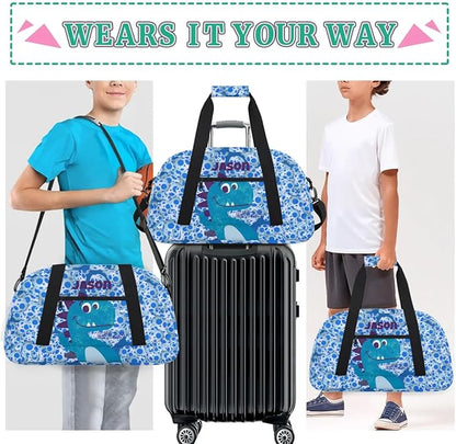 Personalized Duffel Bag for Kids Girls Boys, Dinosaur Custom Name Gym Bag Overnight with Padded Handles Carry On Weekend Sports Travel Bag for School Practice Gymnastics Ballet