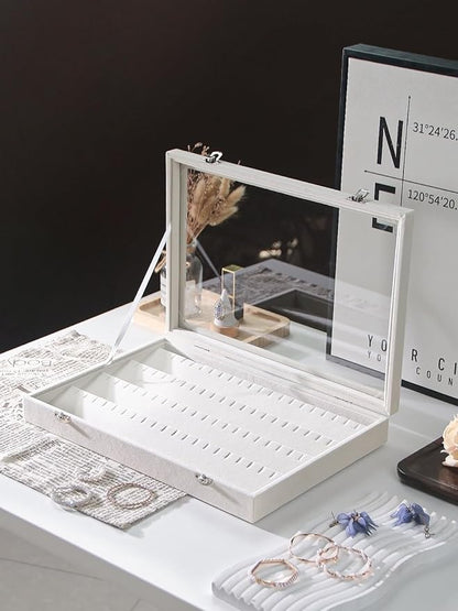 Coward Earring Organizer Tray Box, Beige Velvet Earring Jewelry Display Storage Tray Case with Transparent Glass Lid for Home Drawer or Shop Selling