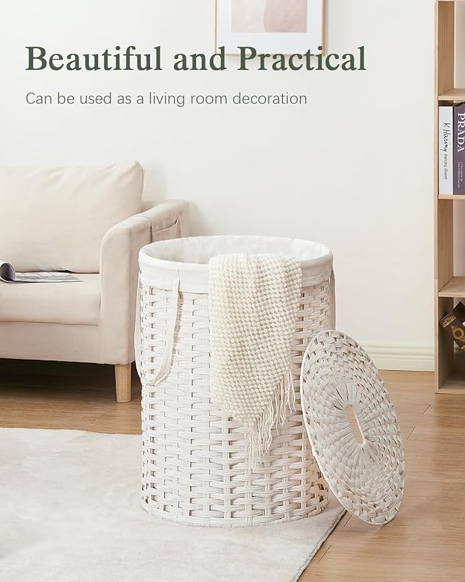 Laundry Basket with Lid Round Rattan Laundry Hamper with Lid and Handles 29.1 Gal (110 L) Handwoven Woven Basket with Removable Bags and 2 Mesh Bags for Bathroom Living Room White