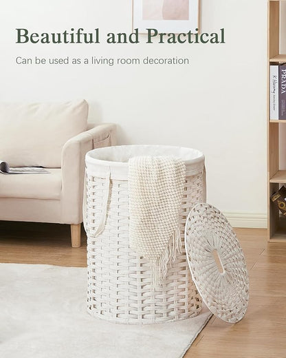 Laundry Basket with Lid Round Rattan Laundry Hamper with Lid and Handles 29.1 Gal (110 L) Handwoven Woven Basket with Removable Bags and 2 Mesh Bags for Bathroom Living Room White