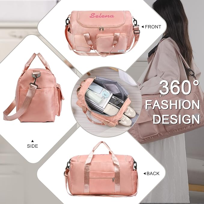 Personalized Duffel Bag Custom Sport Gym Travel Bags Embroidered Name Text Customized Dry Wet Separated Weekend Waterproof Bag for Women Men (B-pink)