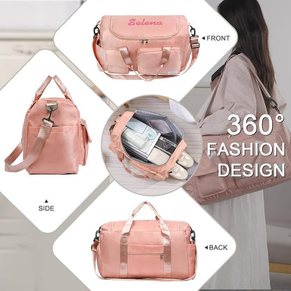 Personalized Duffel Bag Custom Sport Gym Travel Bags Embroidered Name Text Customized Dry Wet Separated Weekend Waterproof Bag for Women Men (B-pink)