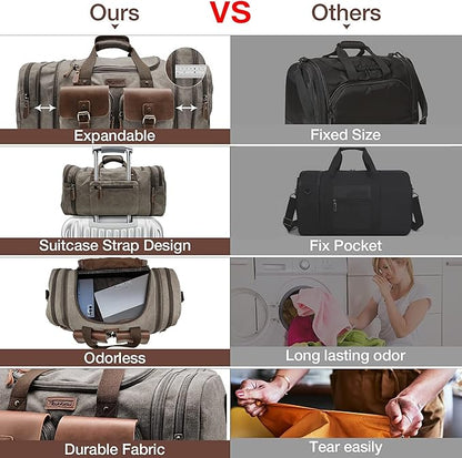 Wildroad 50L Travel Duffel Bag, Expandable Canvas Genuine Leather Duffle Bag Upgraded Overnight Weekender Carry on Bag