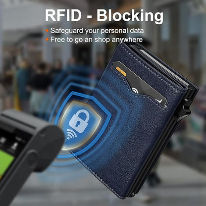 Wallet for Men,with Cash Pocket 2 ID Window 9-13 Cards,Metal Case Smart Slim Pop Up Credit Card Holder Flip with Magnetic Closure RFID Blocking Trifold wallet with Gift Box