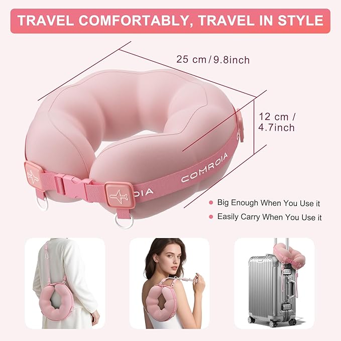 Travel Neck Pillow for Airplane, Super Soft Neck Support Travel Pillow - Lightweight and Stylish Convertible Style - Ergonomic Design for Long Flights, Car, Train & Office Use (Pink)