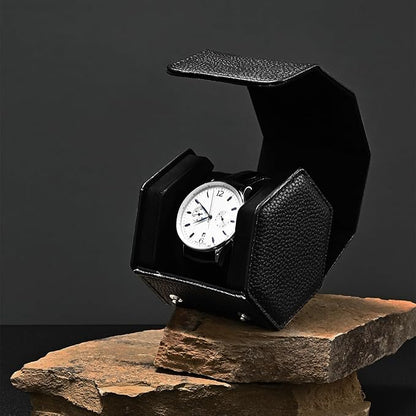 Oirlv Luxury Hexagonal Leather Watch Travel Case Single Watch Box for Men Portable Jewelry Storage Roll Organizer (1-Slot,Black)