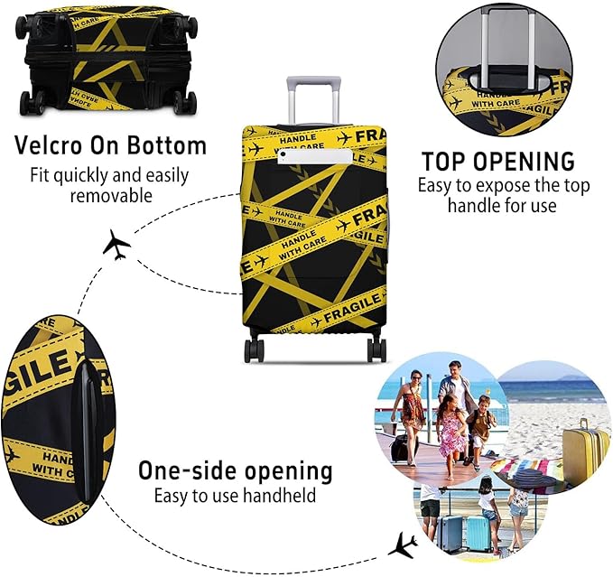 Gold Fragile Travel Luggage Cover, Travel-Themed Suitcase Protector Stretchable, Washable Travel Suitcase Cover (L for 25-28 Inch Luggage)