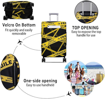 Gold Fragile Travel Luggage Cover, Travel-Themed Suitcase Protector Stretchable, Washable Travel Suitcase Cover (L for 25-28 Inch Luggage)