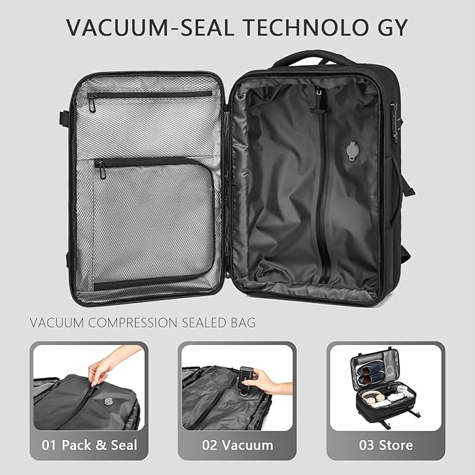 Vacuum Seal Travel Backpack 45L - Expandable Air Compression System, Water-Resistant, Carry-On Suitcase Luggage with TSA Lock Fits 18" Laptop - Vacuum Pump Included(Black)