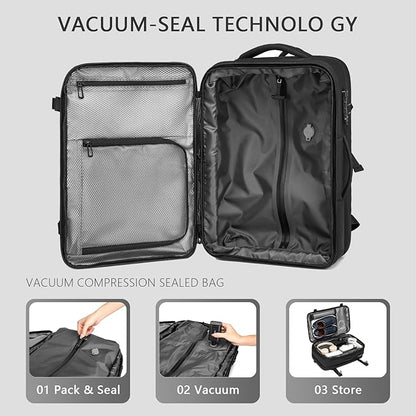 Vacuum Seal Travel Backpack 45L - Expandable Air Compression System, Water-Resistant, Carry-On Suitcase Luggage with TSA Lock Fits 18" Laptop - Vacuum Pump Included(Black)