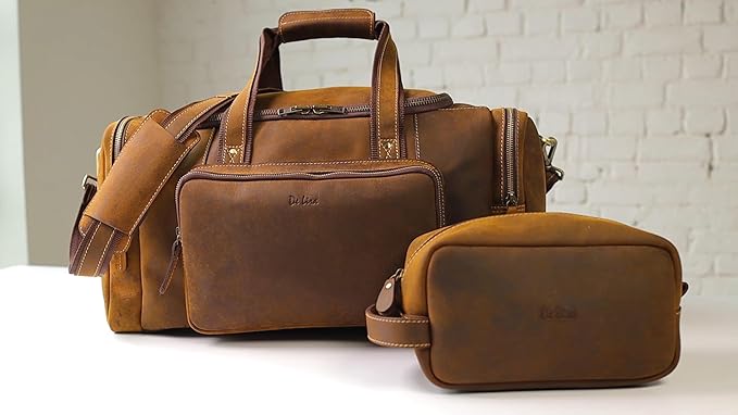 Genuine Leather Travel Bag with Matching Toiletry 2-Pc Set Carry On 22x11x12 in with Trolley Straps, Shoulder Strap and Laundry Bag by De Lira