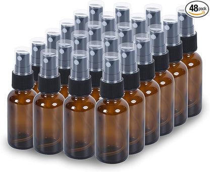2oz Glass Spray Bottle, Fine Mist Boston Glass Bottles with Black Fine Mist Sprayer Small Clear Bottles for Essential Oils, Bath, Beauty, Hair & Cleaning, Amber, Pack of 48