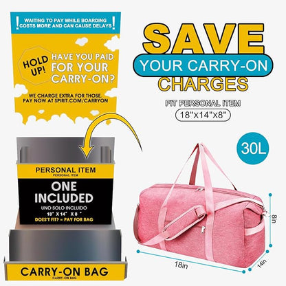 For Spirit Airlines Personal Item Bag 18x14x8, Foldable Small Travel Duffel Bags Gym Duffle Weekender Overnight Carry on Luggage Bag with Wet Pocket & Shoe Compartment for Women Men(Pink, 30L)