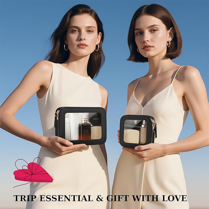 Clear Makeup Bag, Travel Toiletry Bag Cosmetic Case for Women, Waterproof Portable Make Up Skincare Pouch with Zipper, Compact Car Organizer Bag for Essentials, Mini & Medium, Black