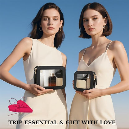 Clear Makeup Bag, Travel Toiletry Bag Cosmetic Case for Women, Waterproof Portable Make Up Skincare Pouch with Zipper, Compact Car Organizer Bag for Essentials, Mini & Medium, Black