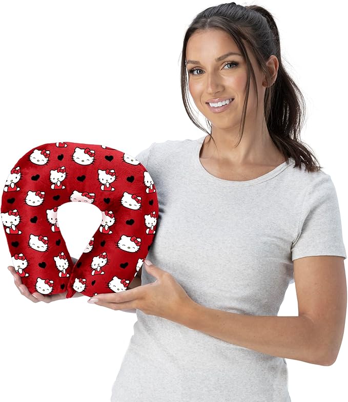 Northwest Sanrio Hello Kitty Cute Hearts Travel Neck Pillow, U-Shaped Plush Cushion for Airplane, Traveling, Car, 12x13 inches