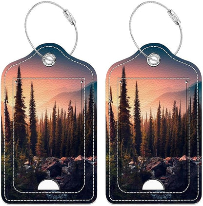 Funny PU Leather Luggage Tags 2-Pack Suitable for Suitcase Stainless Steel Loop and Address Card Essential with Cruise and Airport Travel Mountain Dreams Tree Cute Pattern