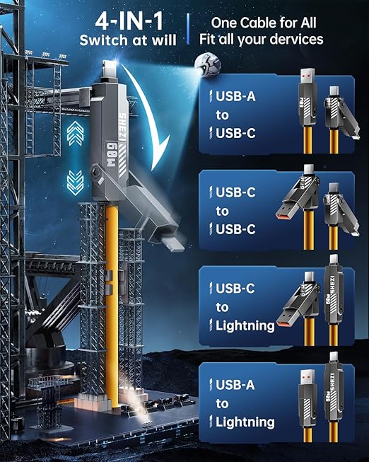 SHEZI Silicone 4 in 1 USB C Cable 60W 5FT Compatible with Lightning Cable, Fast Charging for iPhone Charger Cord [480Mbps Data Sync],Multi Charging Cable with Type C/USB A, Yellow