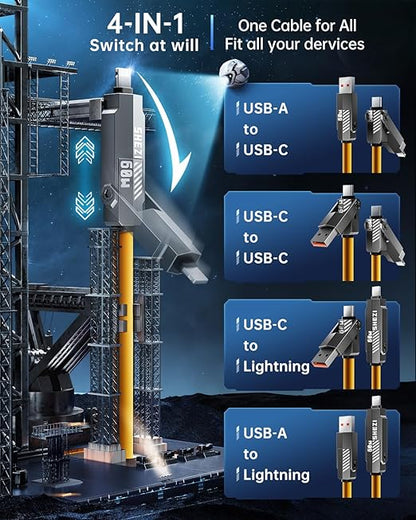 SHEZI Silicone 4 in 1 USB C Cable 60W 5FT Compatible with Lightning Cable, Fast Charging for iPhone Charger Cord [480Mbps Data Sync],Multi Charging Cable with Type C/USB A, Yellow