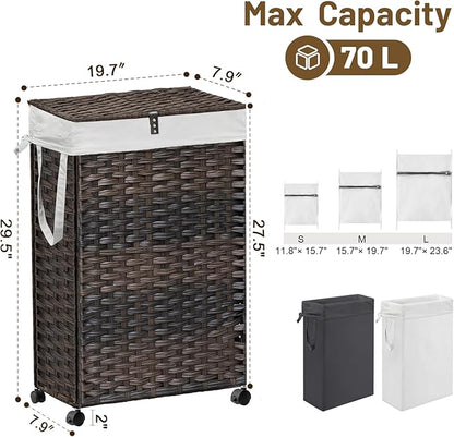 70L Slim Laundry Hamper with Lid & Wheels, Rolling Laundry Basket with 2 Removable Liner Bags & 3 Mesh Bags, Narrow Dirty Clothes Basket, Foldable Handwoven Rattan Laundry Sorter, Brown