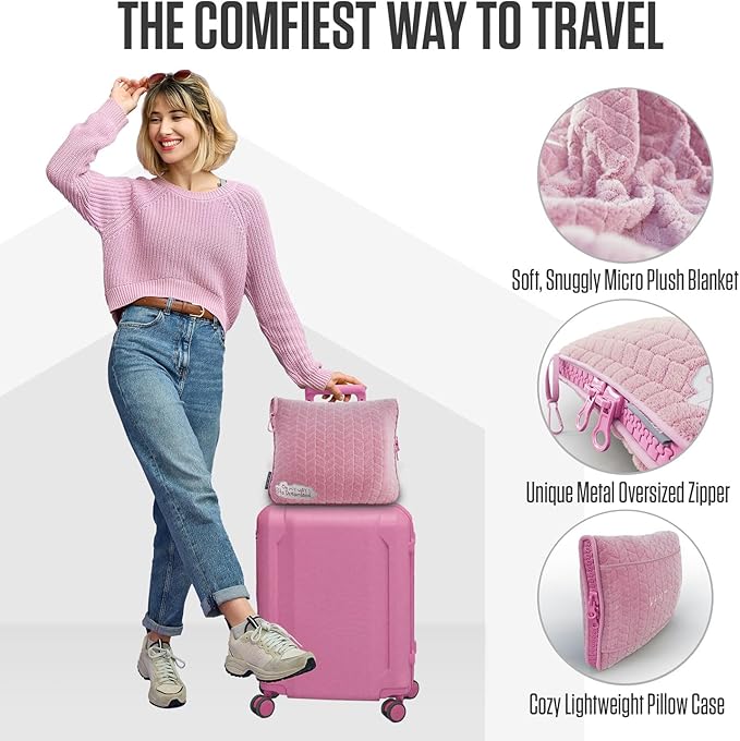 VENTURE 4TH Travel Blanket Pillow – Premium Ultra-Soft & Warm 2-in-1 Blanket or Pillow for Airplane, Car & Bus – Compact, Lightweight & Portable – Lint-Free, No Shedding, No Pilling - Pink