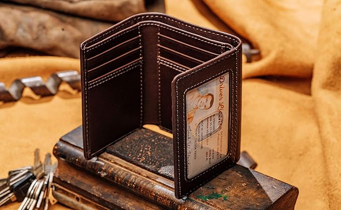 House of Jack Co. Dutton RFID Trifold Wallet for Men with Flip Out ID, Full Grain Cowhide Leather Wallet, Brown
