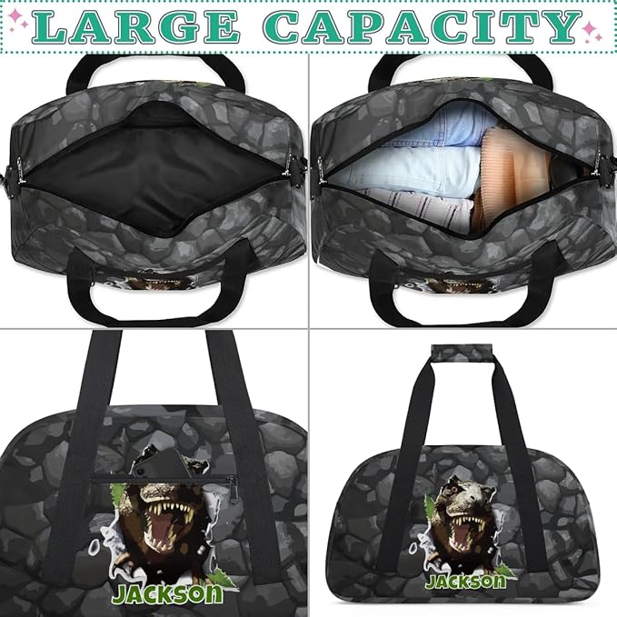 Personalized Duffel Bag for Kids Girls Boys, Scary Dinosaur Custom Name Gym Bag Overnight with Padded Handles Carry On Weekend Sports Travel Bag for School Practice Gymnastics Ballet