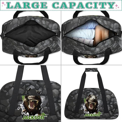 Personalized Duffel Bag for Kids Girls Boys, Scary Dinosaur Custom Name Gym Bag Overnight with Padded Handles Carry On Weekend Sports Travel Bag for School Practice Gymnastics Ballet