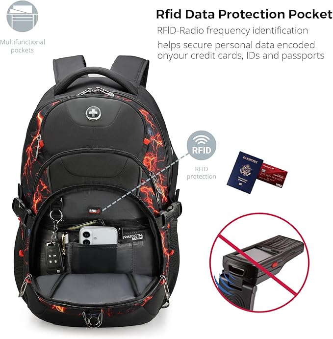 Swissdigital Laptop Backpack with USB Charging Port, Travel Backpack Fits 15.6 inches Computer, 31L Backpack for Men, Flame Red | SD803-97