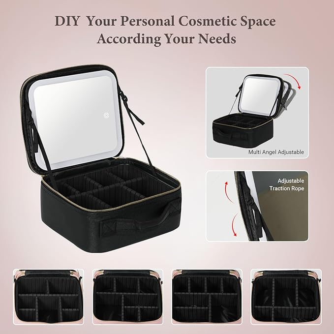 Travel Makeup Bag with LED Lighted Mirror, Cosmetic Makeup Organizer Bag with 3 Color Setting, Makeup Train Case with Adjustable Dividers for Women Makeup Brushes Jewelry Accessories (Black)