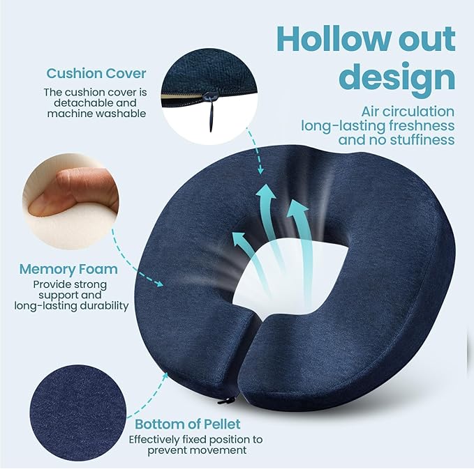 Benazcap Donut Pillow Seat Cushion, Donut Chair Cushions for Postpartum Pregnancy & Hemorrhoids, Memory Foam Seat Chair Cushion for Sciatica & Hip & Coccyx Pain Relief-Blue