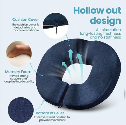 Benazcap Donut Pillow Seat Cushion, Donut Chair Cushions for Postpartum Pregnancy & Hemorrhoids, Memory Foam Seat Chair Cushion for Sciatica & Hip & Coccyx Pain Relief-Blue