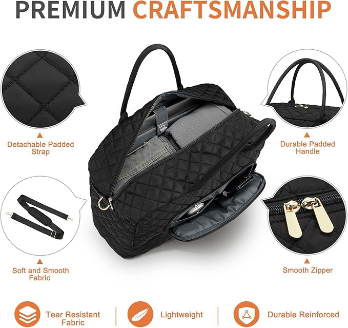 50L Large Travel Duffle Bag for Women, Weekender Overnight Bag W/Shoe Compartment+Wet Pocket+Toiletry Bag TSA Approved, Black