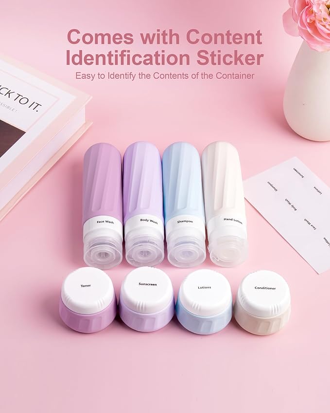 Travel Size Toiletries 8 Pack, TSA Approved 3oz/1oz Silicone Refillable Containers with Clear Travel Bag