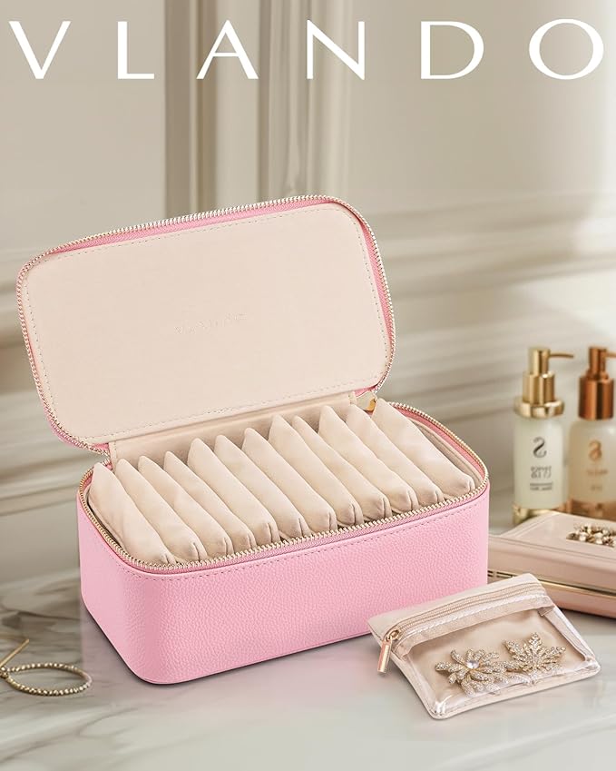 Vlando Jewelry Travel Case with 12 Velvet Jewelry Bags Travel Jewelry Orgainzer for Girls Jewelry Box for Necklace Rings Earrings Bags Christmas Gifts for Women Girls(Pink)