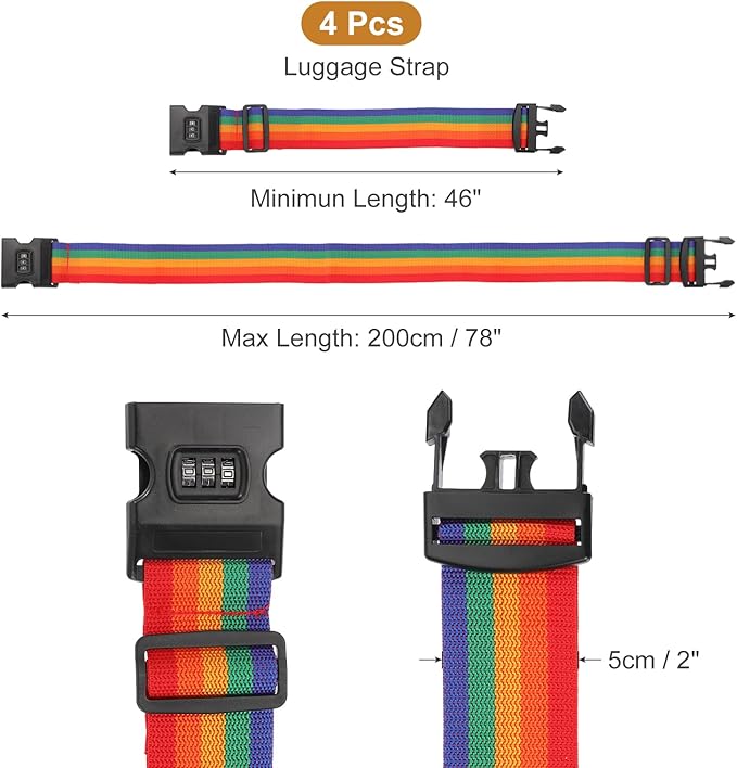 MECCANIXITY Luggage Straps with Combination Lock Adjustable Suitcase Belt Strap for Suitcase Briefcase Backpack Travel, Rainbow, Pack of 4
