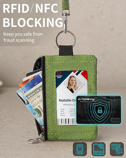 Minimalist Wallet For Mens Womens, Keychain RFID Blocking Zipper Small Wallet with ID Window 2 Lanyards,Water Resistant Travel Cash Card Coin Case Boys Girls