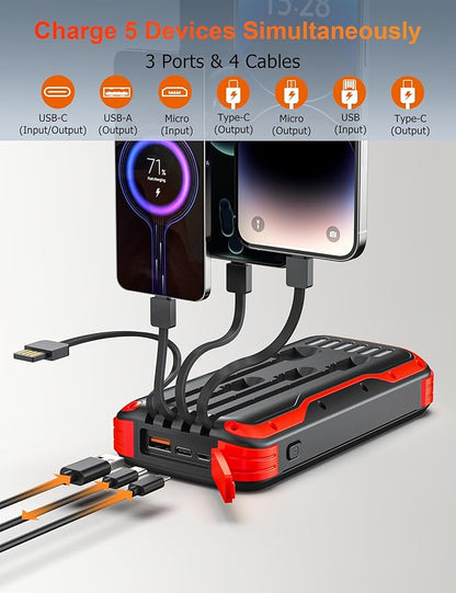 Solar Charger Power Bank, 40000mAh Portable Charger PD 20W Fast Charging Solar Power Bank Built in 4 Cables and USB-C in/Output, Camping Essentials External Battery Pack with Flashlights