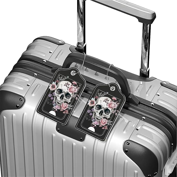 Funny PU Leather Luggage Tags 2-Pack Suitable for Suitcase Stainless Steel Loop and Address Card Essential with Cruise and Airport Travel White Skull Pink Rose Cute Pattern