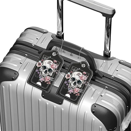 Funny PU Leather Luggage Tags 2-Pack Suitable for Suitcase Stainless Steel Loop and Address Card Essential with Cruise and Airport Travel White Skull Pink Rose Cute Pattern