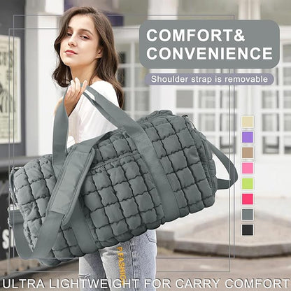 Quilted Travel Duffle Bag Gym Bag for Women,Large Puffer Duffle Weekender Bag with Compartment,Workout Overnight Carry on Organizer Bag Duffle Bag for Airplane Travel(L-Grey)