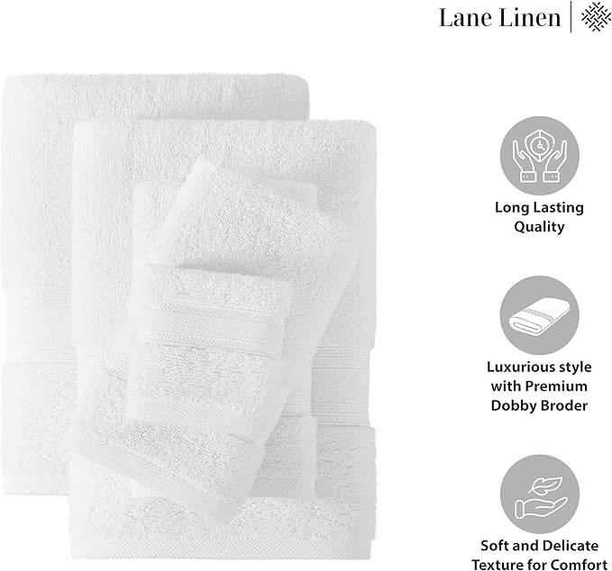 LANE LINEN Luxury Bath Towels Set - 3 Piece 100% Cotton Bathroom Towels, Quick Dry, Extra Aborbent, Super Soft Towels Set 1 Hand Towel, 1 Wash Cloths, 1 Bath Towel, White