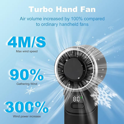 Portable Handheld Turbo Fan, USB Rechargeable Personal Mini Fan, LED Display, 5 Speed, 10H Cooling Time, Foldable Design, Powerful Turbo Small Pocket Fans for Travel, Outdoor, Office, Black