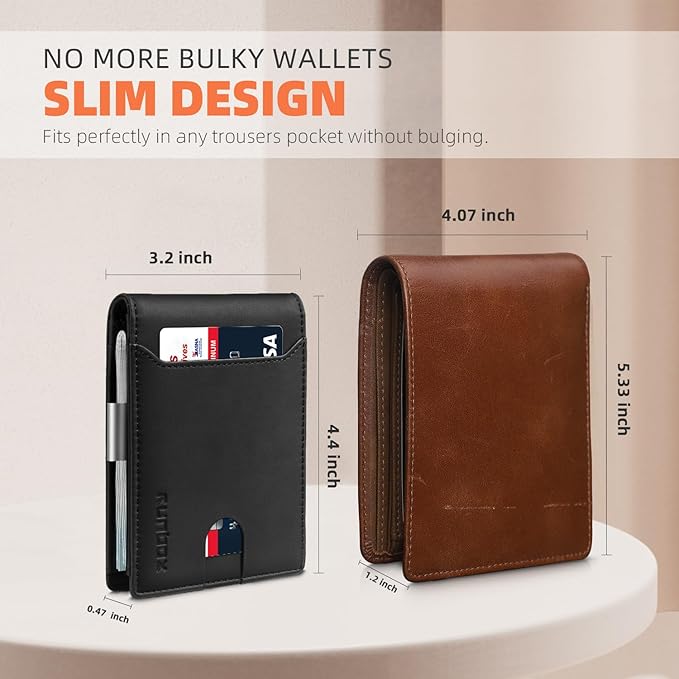 RUNBOX Slim Wallets for Men - Leather Money Clip Mens Wallet - RFID Blocking Front Pocket Bifold Wallet - Thin Credit Card Holder with Gift Box