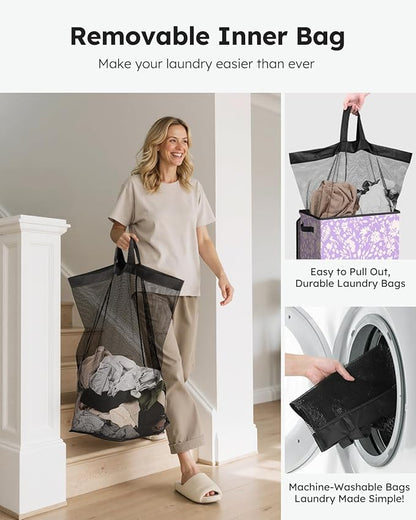 SOLEDI Laundry Hamper with Lid, 90L Tall & Large Floral Laundry Basket, Collapsible Clothes Hamper with Removable Bag, Dirty Hampers for Bedroom, Bathroom, Laundry Room